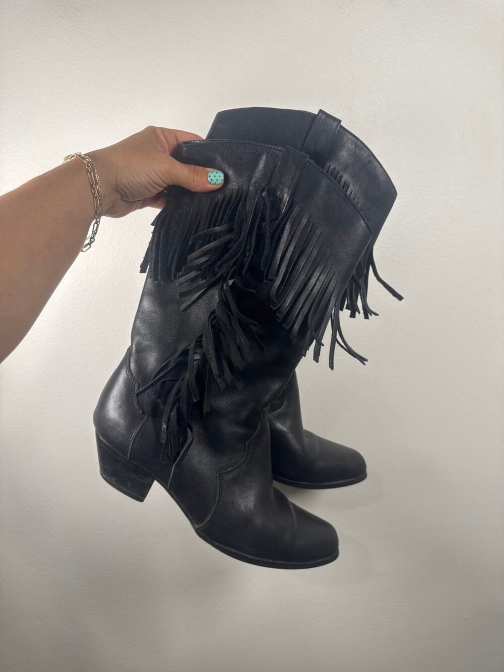 Oak Tree Farms Black Leather Fringe Mid-Calf Western Boots - US 9